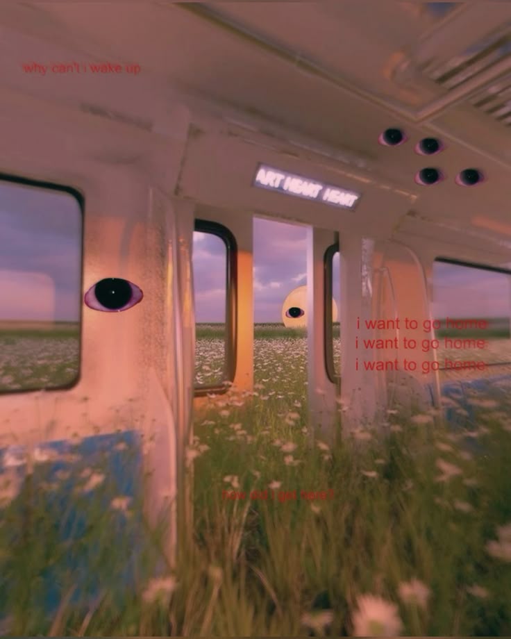 Weirdcore train interior looking out onto a field, with floating eyes